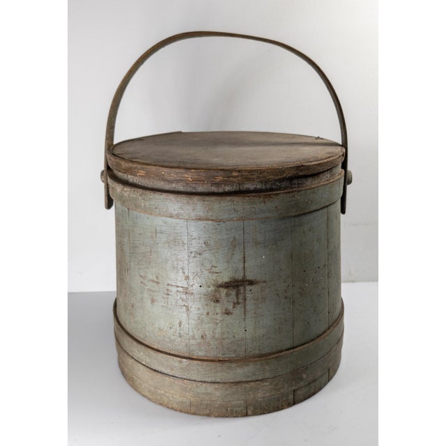 We are selling this cool old grey-green painted firkin box. This box has great color and large form with simple...