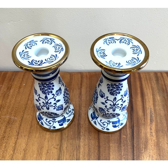 Blue and White Chinoiserie Ceramic Gilded Candlesticks - Set/2 For Sale - Image 4 of 6