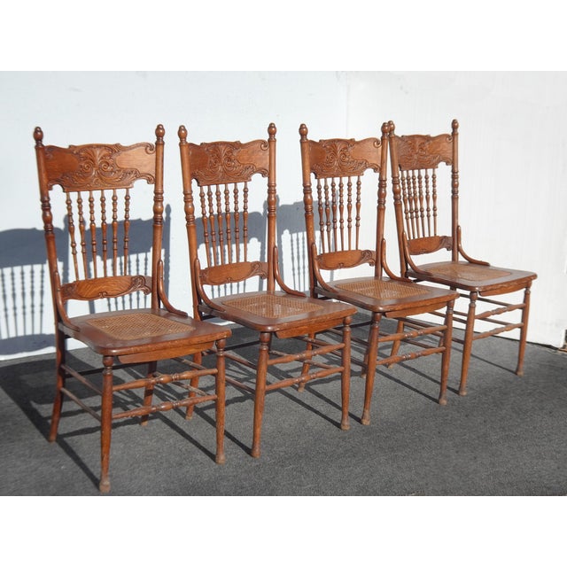 1970s Chairs Pressed Back ~ Set of Four Cane Vintage French Country Golden Oak Chairs For Sale - Image 5 of 17