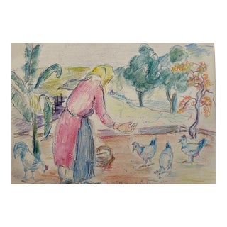 Alexandra Merker Lady Feeding Chickens Pastel For Sale