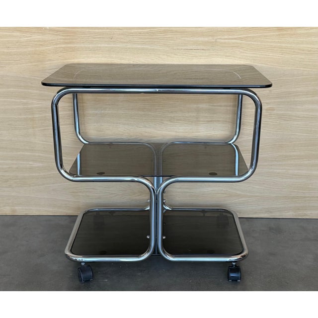 Mid Century Sleek Italian Three Tier Chrome and Glass Drinks Trolley On Castors For Sale - Image 9 of 18