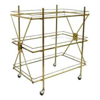 Mid Century Italian Modern 3 Tier Brass & Glass X-Frame Rolling Bar Cart Table For Sale