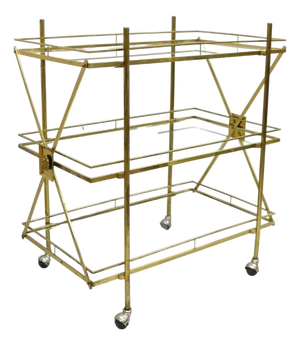 Mid Century Italian Modern 3 Tier Brass & Glass X-Frame Rolling Bar Cart Table