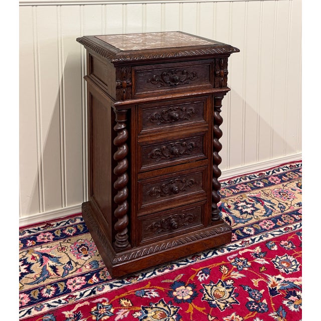 Antique French Marble Top Chest Side or End Table Nightstand Barley Twist Oak For Sale - Image 4 of 18
