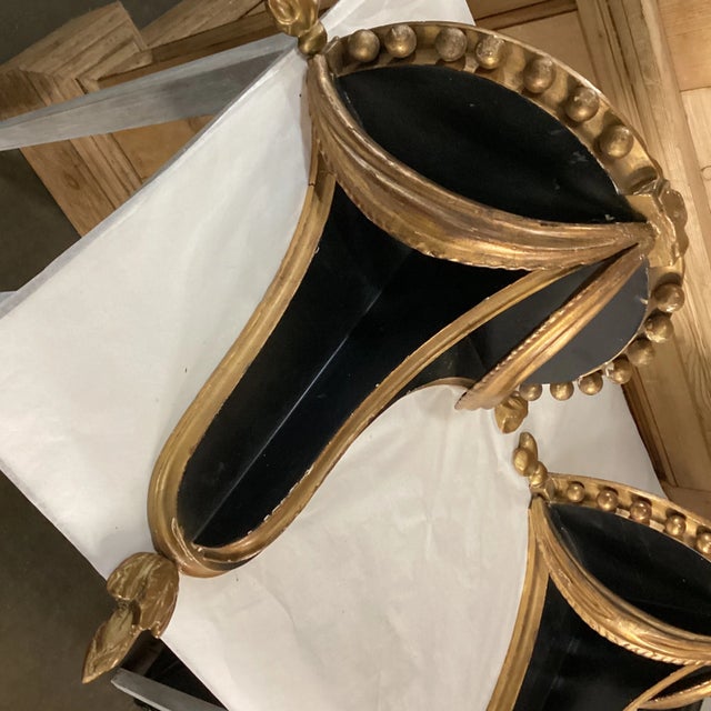 Pair of Mid 20th Century Black & Gold Carved Wood Italian Shelves For Sale - Image 9 of 12