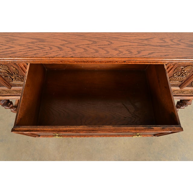 Brown Early Romweber Antique English Jacobean Carved Oak and Burl Wood Sideboard, Circa 1900 For Sale - Image 8 of 18