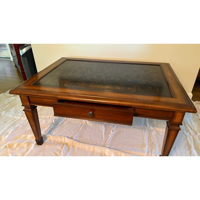 1990s Italian Provincial Coffee Table With Inset Brass Top For Sale - Image 4 of 12