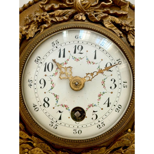 Antique French Gilt Bronze Cartel Clock With Floral Enamel Dial For Sale - Image 4 of 5