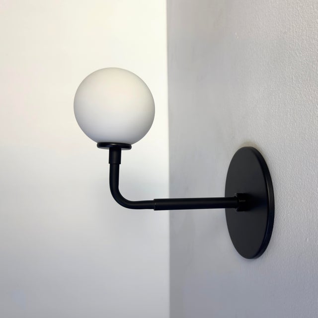 Black Pair of Small Bent Arm Sconces by Research.Lighting, Black, Glass, Mid Century Modern For Sale - Image 8 of 11