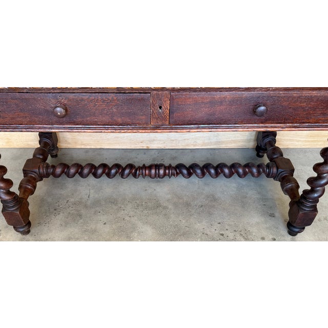 Brown 19th Spanish Walnut Desk or Console Table With Two Drawers & Solomonic Legs For Sale - Image 8 of 12