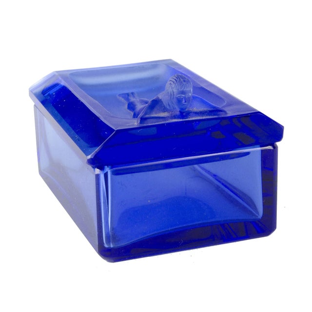 1970s Bohemian translucent blue glass decorative box with a Nymph on the lid, Czech Republic By: unknown Material: glass,...