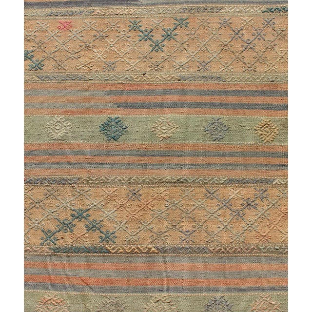 Textile Vintage Hand Woven Turkish Kilim Runner With Geometric Shapes and Colorful Stripes For Sale - Image 7 of 12