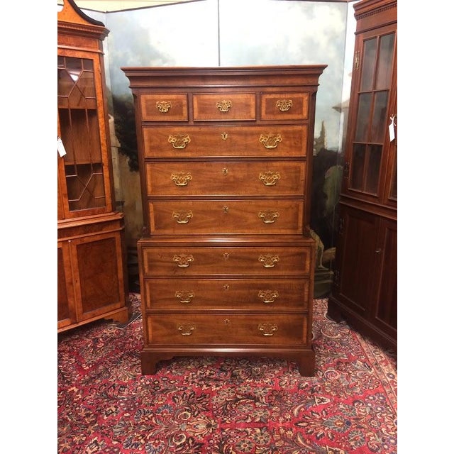 Chippendale Vintage Henredon Chest on Chest, Banded Tall Chest For Sale - Image 3 of 16