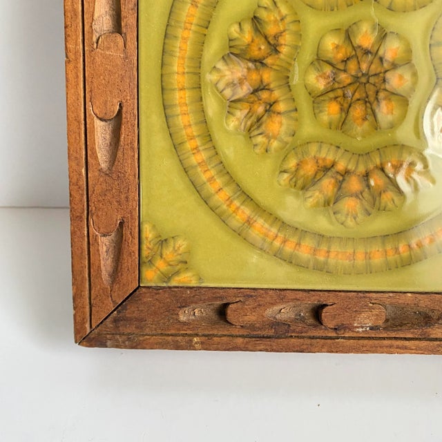 Wood Mid Century Tile Trivet Footed Wood & Ceramic Tile Retro Boho Avocado Green Plant Stand For Sale - Image 7 of 9