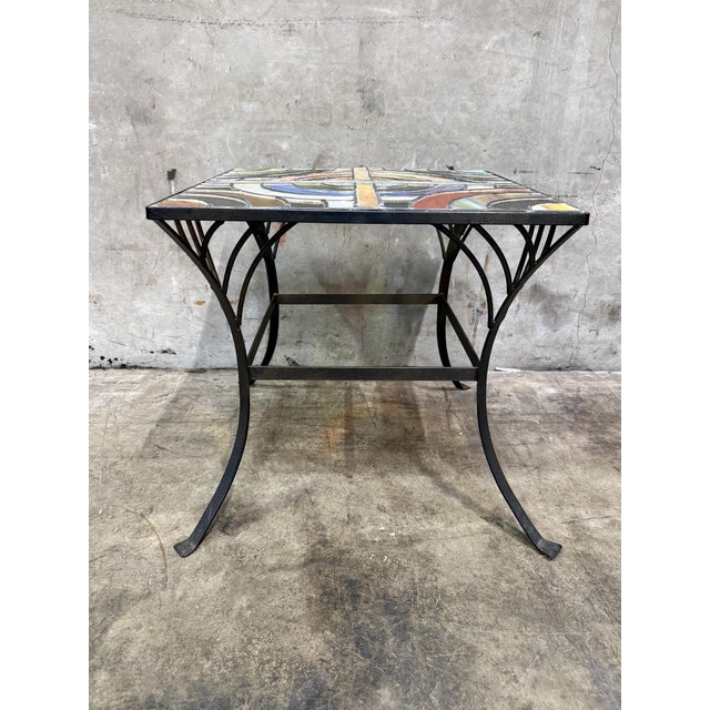 Abstract Vintage Stained Glass Side Table Wrought Iron Base Geometric Top For Sale - Image 3 of 6