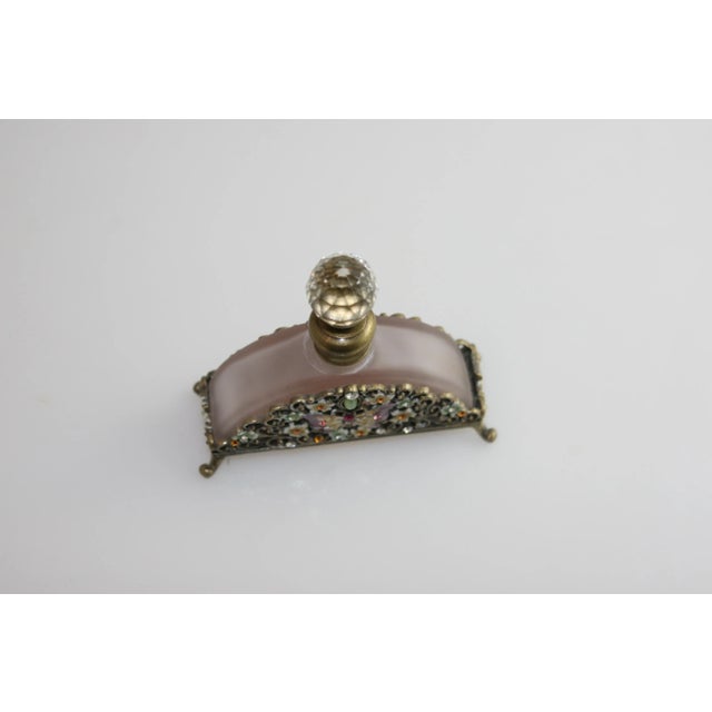 Metal Vintage 1960s Brass Filigree Lavender Glass Jewel & Enamel Footed Perfume Bottle For Sale - Image 7 of 10