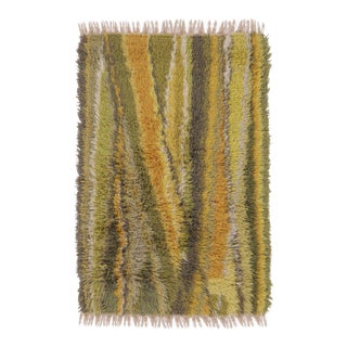 Vintage Swedish Rya Rug in Yellow and Green Geometric Design - Rug & Kilim For Sale