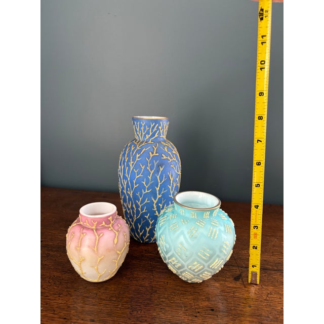Blue Stunning Antique Coralene Vase Collection Set of 3 For Sale - Image 8 of 12