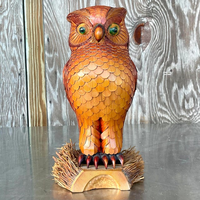 Coastal Vintage Coastal Wood and Rattan Owl For Sale - Image 3 of 8