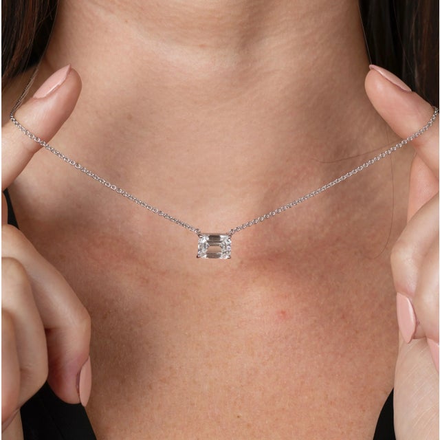 Blue 3 Carat Emerald Cut Lab Diamond Solitaire Connecting Necklace in 14k White Gold For Sale - Image 8 of 9