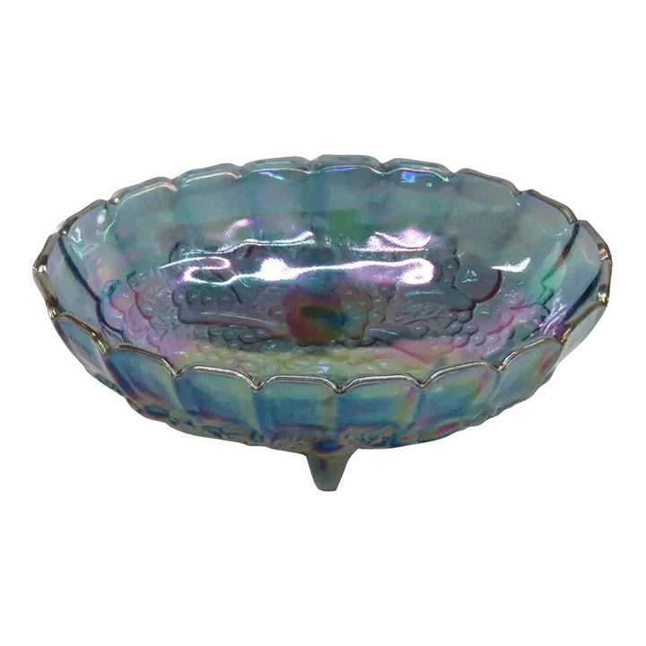 Indiana Carnival Glass Harvest Grape Blue Oval Center Fruit Bowl