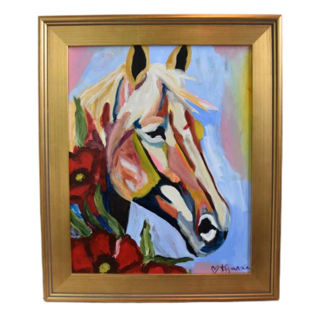 2020s Bold Impressionist Expressionist Horse Painting Including the Antiqued Gold Frame For Sale - Image 5 of 5