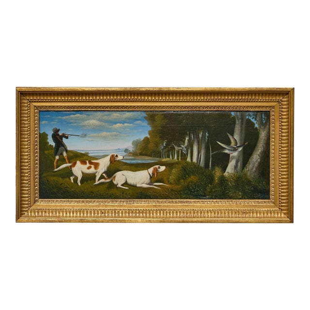 19th Century English Painting of Hunting Scene with Pointer Dogs and Sportsman in Landscape For Sale