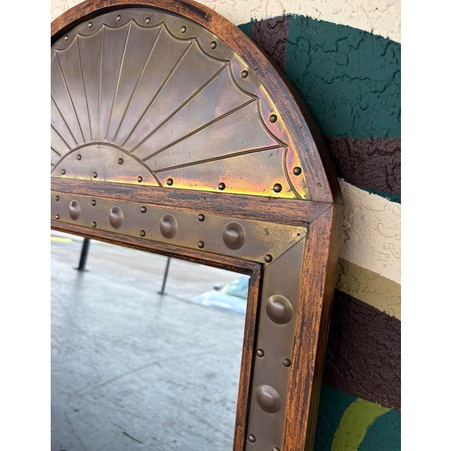 Wood Sarreid Rustic Brass & Wood Arched Mirror Pair For Sale - Image 7 of 11