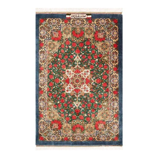 Nazmiyal Collection 1950s Green Floral Vintage Persian Silk Qum Rug For Sale