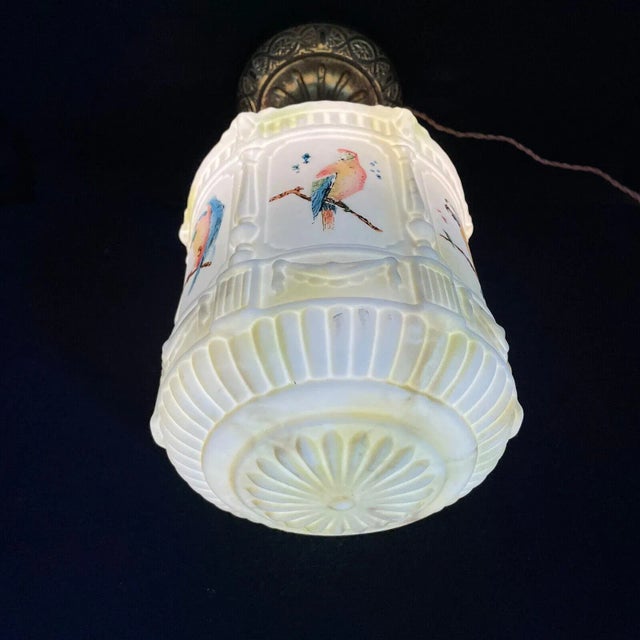 1920's French Art Deco Opaline With Hand Painted Parrot Panels - Hanging Lantern Ceiling Light For Sale In Miami - Image 6 of 13