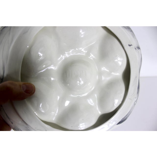 Vintage Oyster Plate Handmade Ceramic Marbled White and Black Glaze Holds Six Plus Sauce For Sale - Image 6 of 6