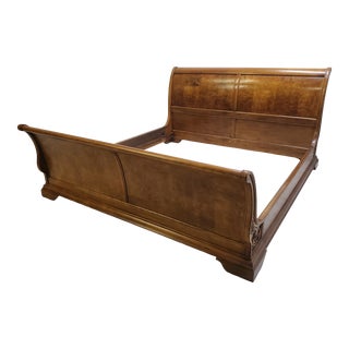 1990s Vintage Thomasville Elysee Sleigh Bed King Size French Carved Butlwood Bed Headboard For Sale