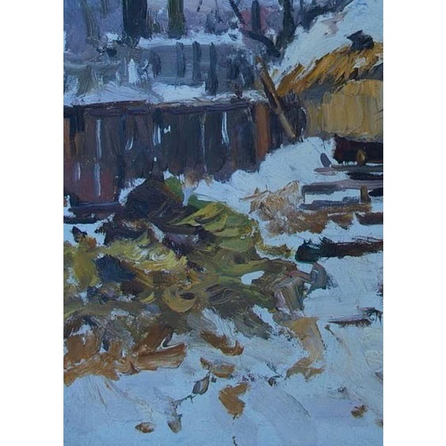1970s Vintage Winter Landscape Painting, Impressionism, Ukrainian Art on Cardboard 50-35 For Sale - Image 5 of 6