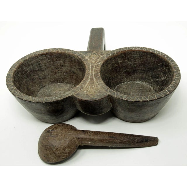 Antique Indian Teakwood spice container with rustic carving. Antique large primitive spice wood double container and...