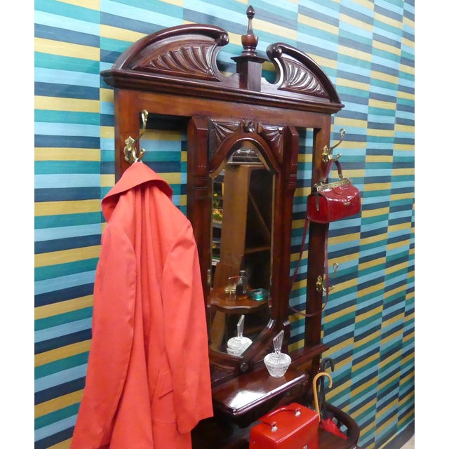 1920s Antique Art Nouveau Mahogany Wardrobe with Beveled Mirror, Chest of Drawers, and Umbrella Stand, 1920s For Sale - Image 5 of 18