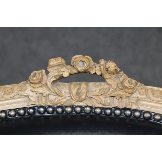 Paint Decorated Walnut Leather French Louis XV Style 1950s Era Bergere Chairs For Sale - Image 11 of 15