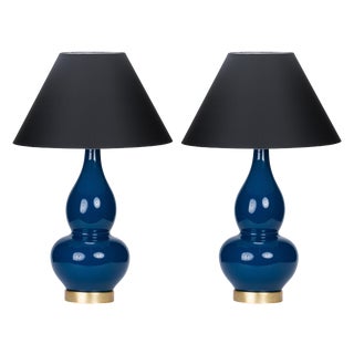 Casa Cosima Double Gourd Table Lamp, Prussian Blue/Black Shade - a Pair For Sale