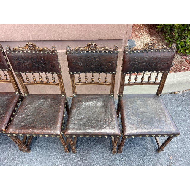 Spanish Revival Antique Spanish Revival Embossed Leather Dining Chairs, Set of 6 For Sale - Image 3 of 12