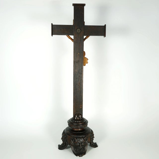 19th Century Antique Neo Gothic Carved Wood Corpus Christ Crucifix Altar Piece, Devil Feet For Sale - Image 6 of 9