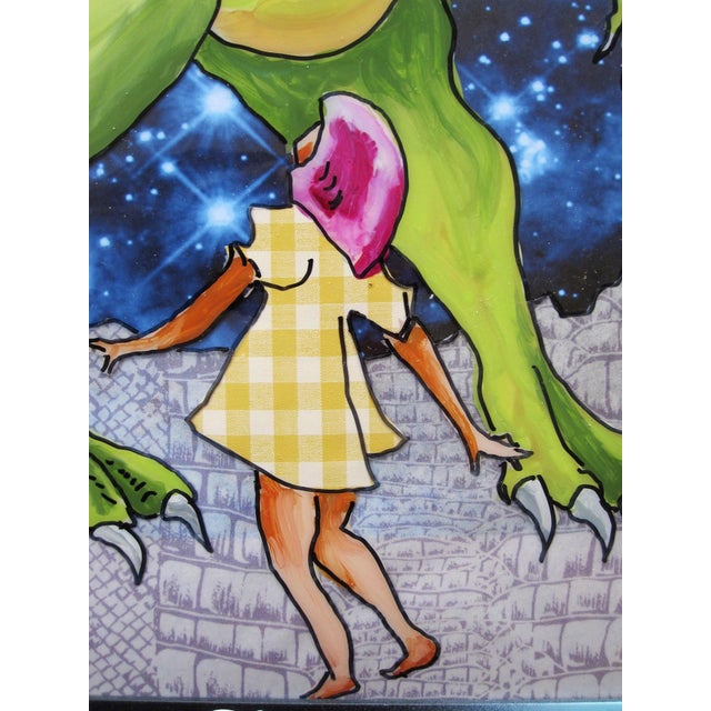 Contemporary Bigger than I Thought by Louis Recchia | Acrylic & Collage on Plexiglas Girl with dinosaur under stars For Sale - Image 3 of 3
