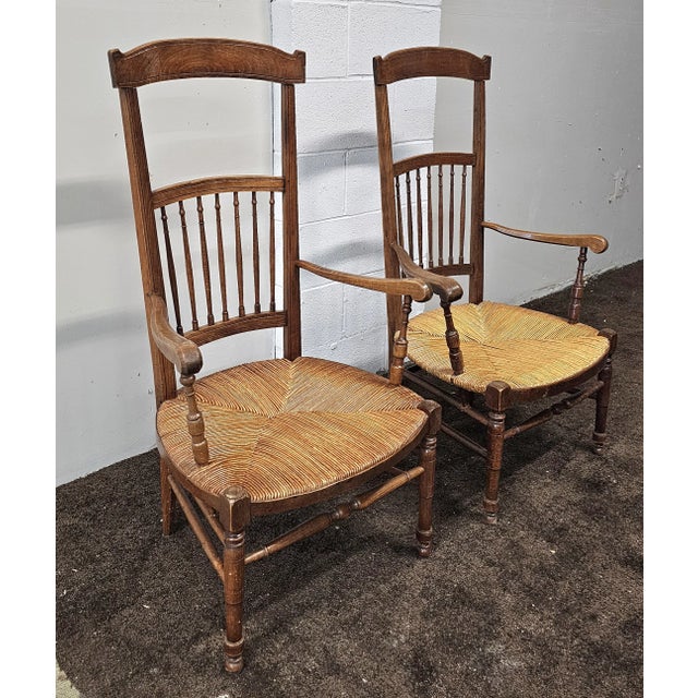 Pair 19th Century French Provincial Beechwood and Fruitwood & Rush Seat High-Back Armchairs For Sale In Washington DC - Image 6 of 12
