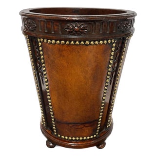 English Leather, Mahogany and Brass Studded Waste Paper Basket, C. 1900–1930 For Sale