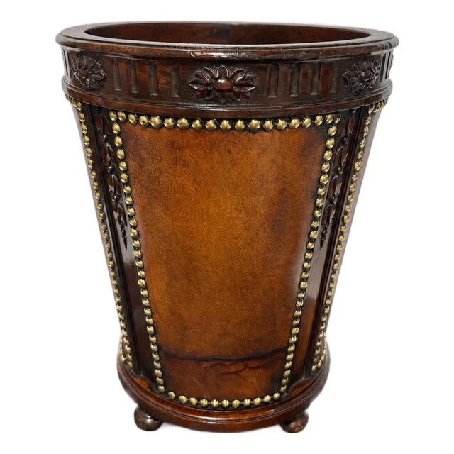 English Leather, Mahogany and Brass Studded Waste Paper Basket, C. 1900–1930 For Sale