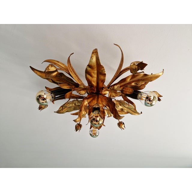 Mid-Century Modern Floral Ceiling Light in Gilded Metal, Italy, 1970s For Sale - Image 3 of 15