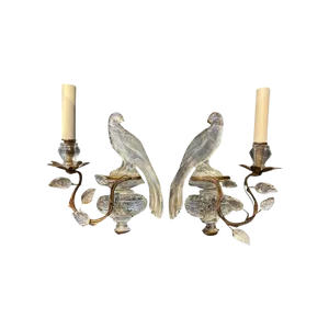 1920's French Gilt Metal and Crystal Bird 1 Light Sconces - a Pair