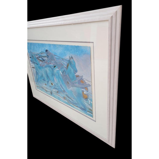 1990 Yamin Young Signed Limited Edition Serigraph Framed Blue Art Deco "Celadon Horses A" For Sale In West Palm - Image 6 of 11