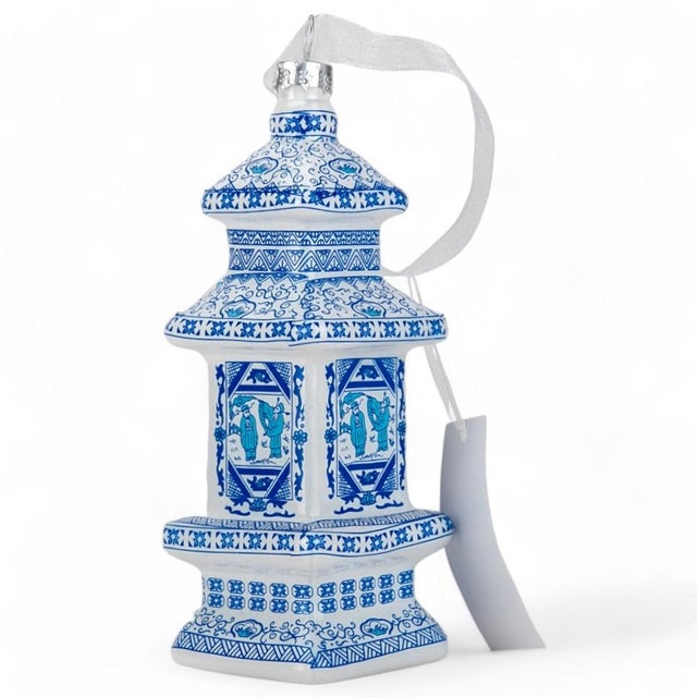 Chinoiserie Chinoiserie Blue & White Pagoda Christmas Tree Glass Ornament - A Pair For Sale - Image 3 of 5