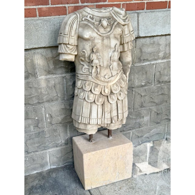 Figurative Late 20th Century Life Sized Marble Roman General Statue On Travertine Block Garden Ornament For Sale - Image 3 of 17