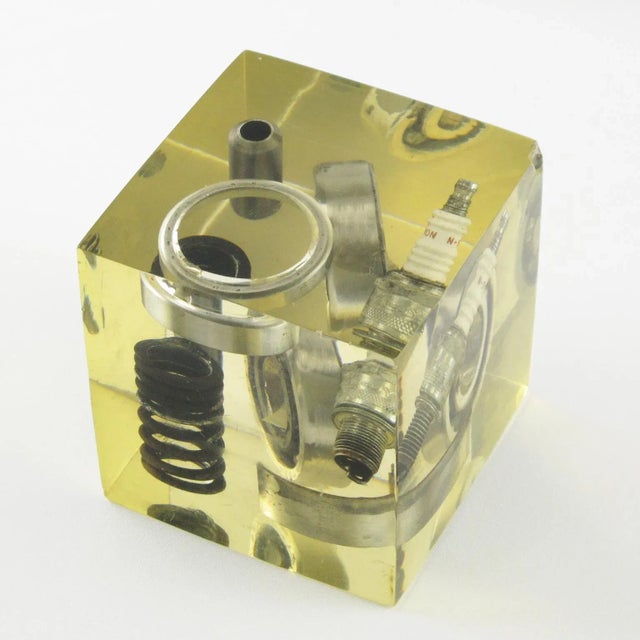 1970s Pierre Giraudon Style Resin Cube Sculpture Paperweight with Car Parts Inclusions 1970s For Sale - Image 5 of 7