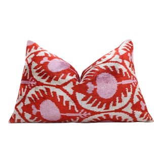 Red & Pink Ikat Velvet Pillow – Handmade 16x24 Lumbar Cushion For Sale